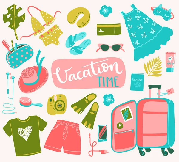 旅行イラスト要素は 海での休暇にスーツケースを梱包 ベクトルシンプルなスタイル — ストックベクタ