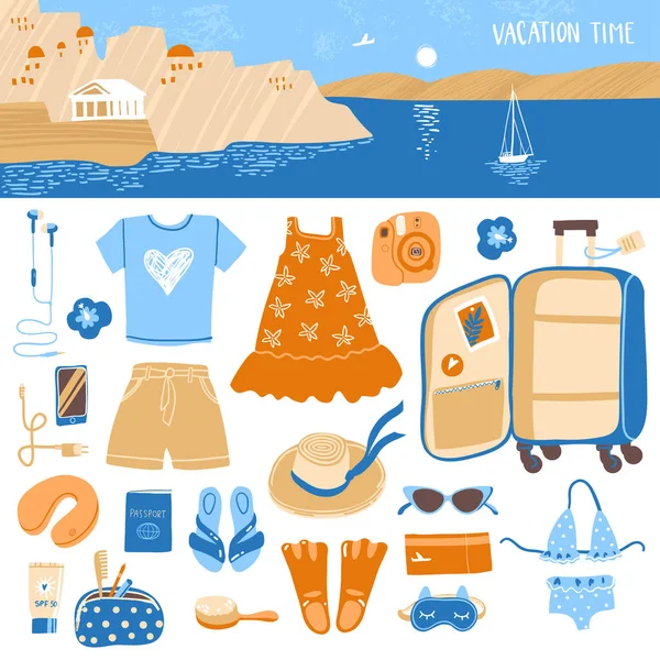 Ilustraciones Viaje Elementos Embalaje Maleta Vacaciones Mar Cabecera Horizontal Del — Vector de stock