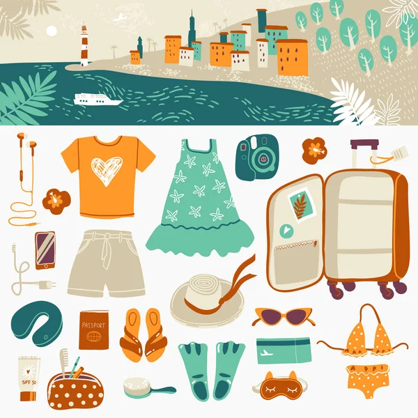 旅行イラスト要素は 海や水平方向の風景ヘッダーで休暇中のスーツケースを梱包 ベクトルシンプルなスタイル — ストックベクタ