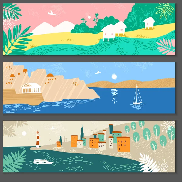 Raccolta Illustrazioni Del Paesaggio Orizzontale Con Località Balneari Tropici Mediterraneo — Vettoriale Stock