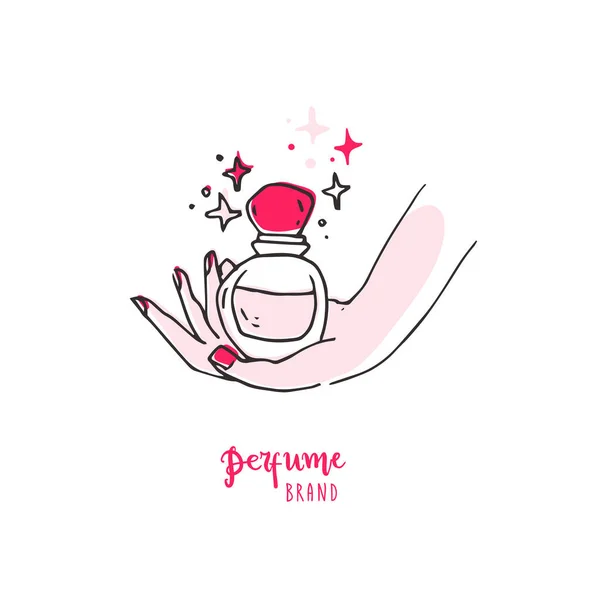 Doodle Simple Mano Con Frasco Perfume Bueno Para Logotipo Ilustración — Archivo Imágenes Vectoriales