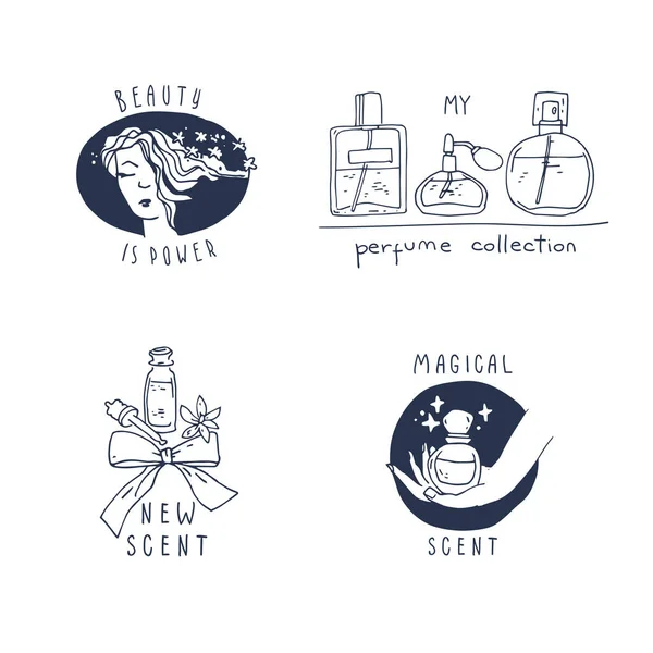 Perfume and cosmetics logo collection. Hand drawn illustrations. Perfume bottles, girl face, hand