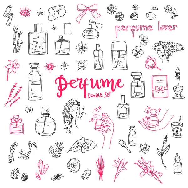 Parfum Doodle Set Flessen Ingrediënten Decoratieve Elementen Eenvoudige Leuke Stijl — Stockvector
