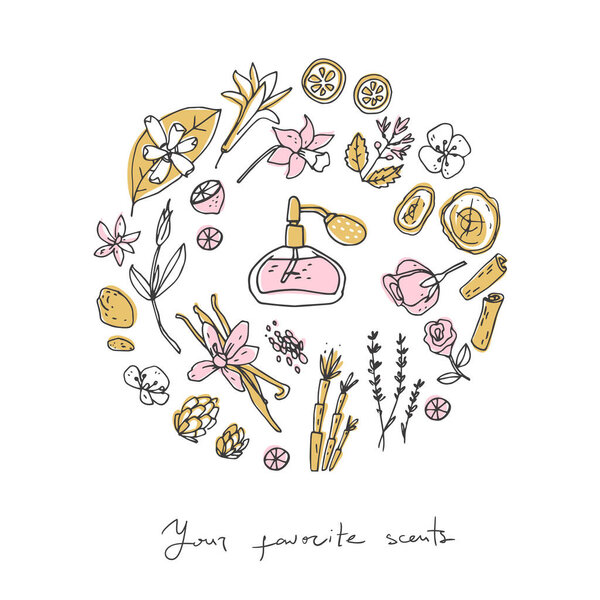 Духи рецепт, бутылка и ингредиенты. Круглая векторная иллюстрация. Простой ручной рисунок
.