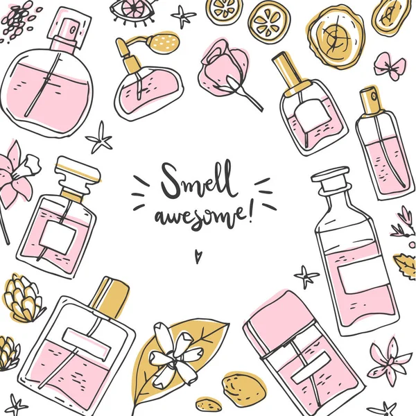 Parfum Achtergrond Frame Met Fles Ingrediënten Doodle Vector Illustratie Eenvoudige — Stockvector