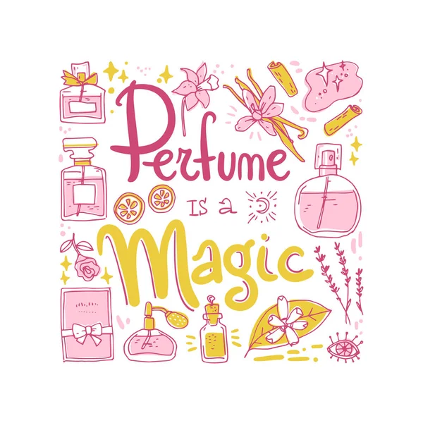 Perfume Uma Composição Mágica Lettering Com Garrafas Ingredientes Ilustração Vetorial — Vetor de Stock