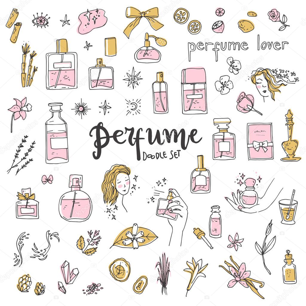 Perfume doodle set. Bottles, ingredients and decorative elements, simple cute style. Vector illustration