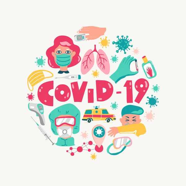 科罗纳威斯矢量卡通画圆形插图 设备和性格 Covid 2019年大流行病 — 图库矢量图片