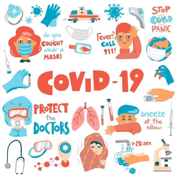 Coronavirus Vector Tekenfilmset Symptomen Apparatuur Concepten Composities Beletteren Covid 2019 — Stockvector