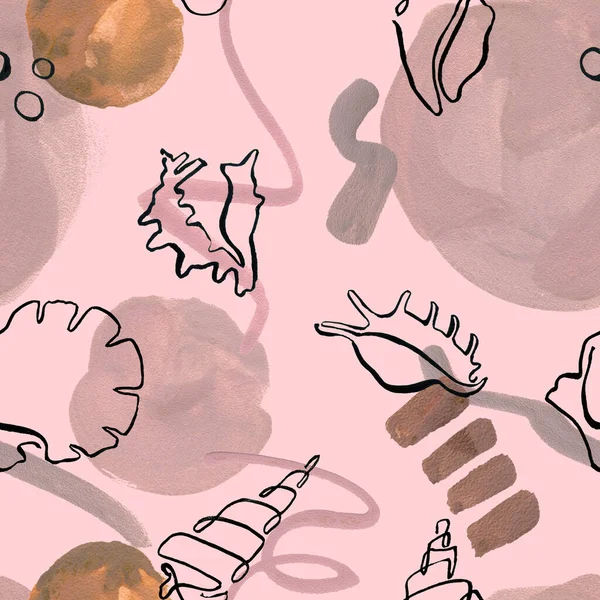 Simple minimalism seamless pattern with gouache pastel strokes, stains and hand drawn line shells, modern style