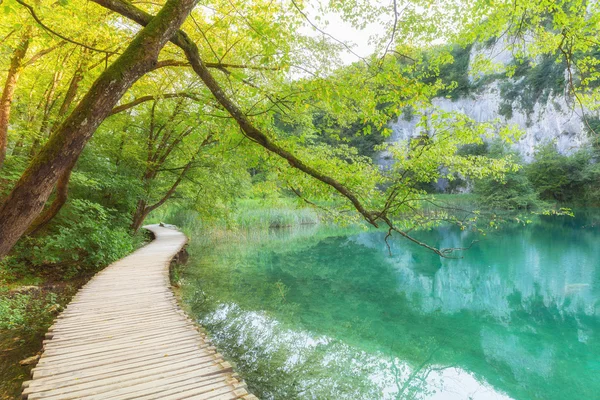 Watervallen in de buurt van het toeristische pad in nationaal park plitvice lakes — Stockfoto