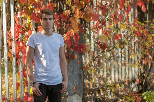 çiçekli bir duvara genç adam