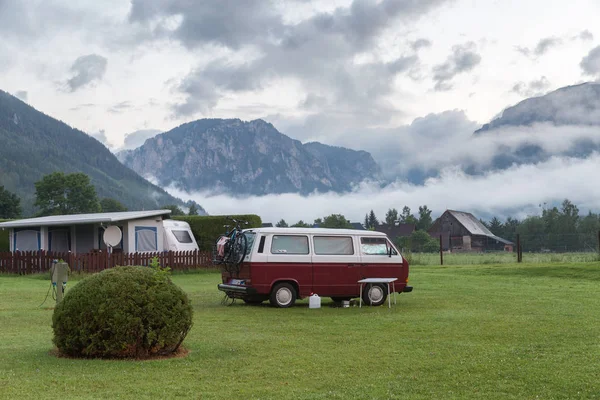 Morning landscape with a camping in mountains