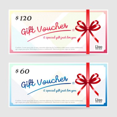 Hediye kartı ya da hediye çeki şablon parlak kırmızı yay ve vektör şerit