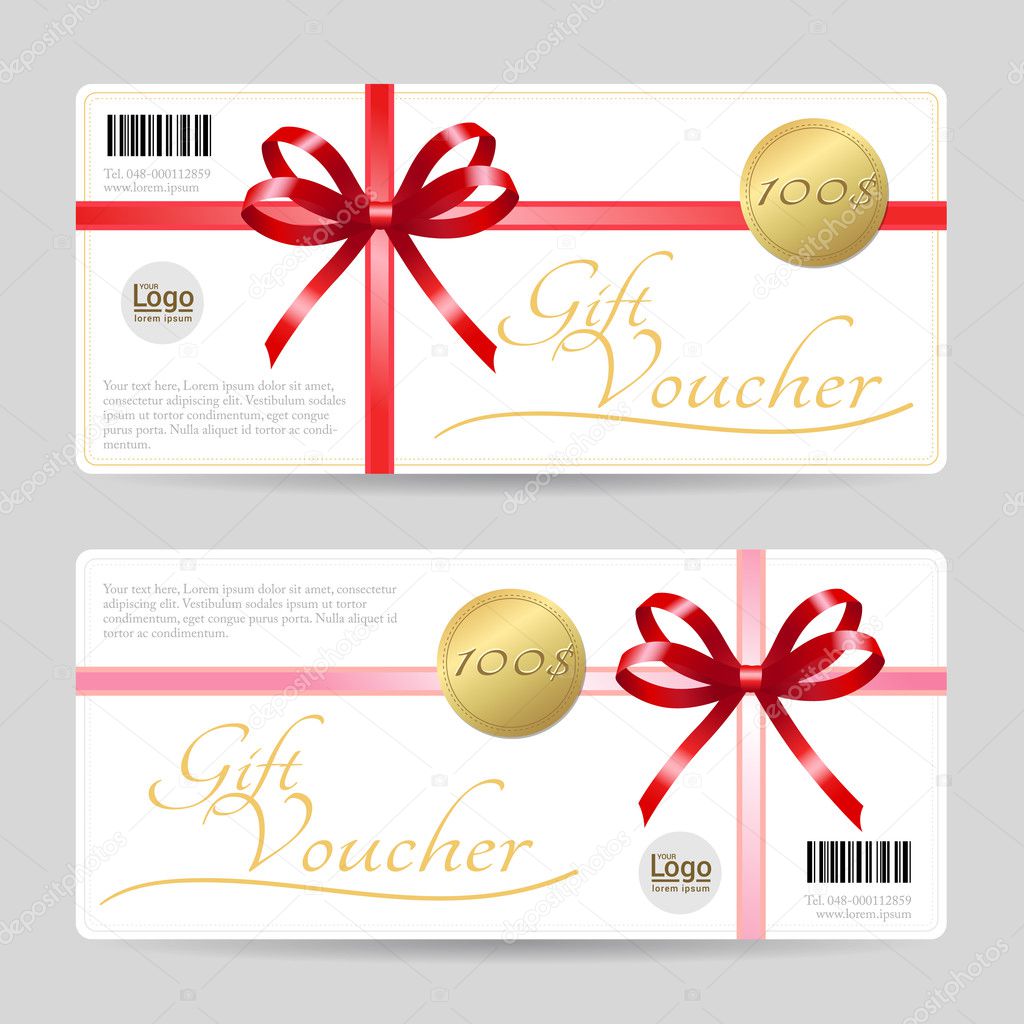 Gift card or gift voucher template with shiny red bows and ribbons vector