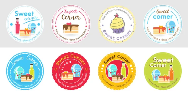 一套可爱的甜面包店徽章标签和不干胶标签和标志的标志 — 图库矢量图片