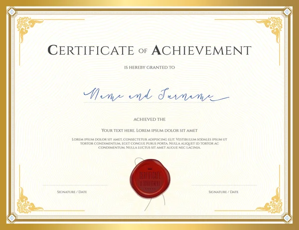 Šablona certifikátu pro úspěch, uznání, doplnění či účast s aplikované thajské rámem a červenou voskovou pečetí — Stockový vektor