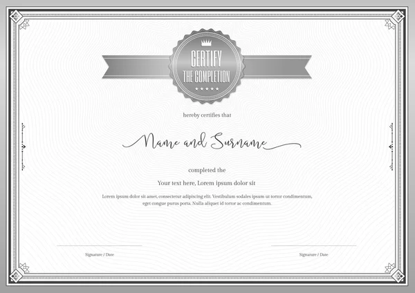 Szablon certyfikatu w celu osiągnięcia, uznanie lub zakończenia w srebrny motywu z tło wirowa — Wektor stockowy