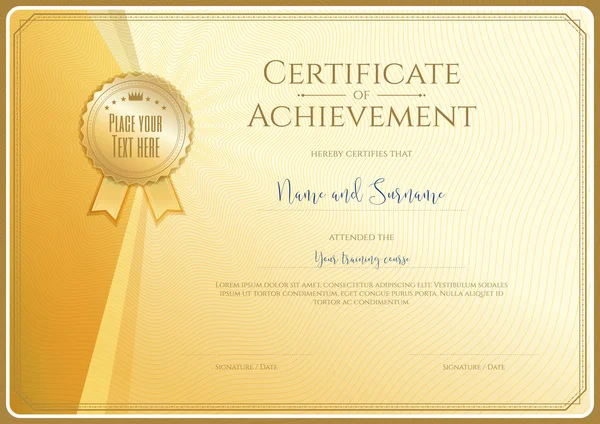 Modelo de certificado para realização, apreciação ou conclusão em tema de ouro com selo de cera e redemoinho de fundo —  Vetores de Stock