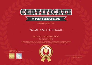 Certificate of participation in red sport theme with gold trophy seal and award laurel background clipart