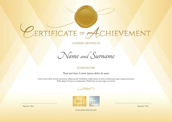 Certificaat voor prestatie template in gouden thema met gouden lakzegel — Stockvector