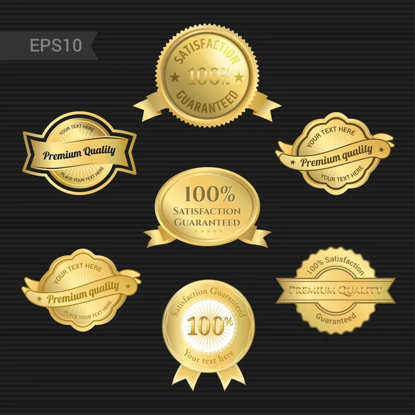 Conjunto de garantía de satisfacción y emblema o insignia de calidad premium con cinta de premio en tono dorado — Archivo Imágenes Vectoriales