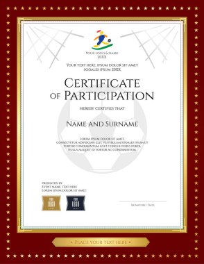 Spor tema sertifika katılım şablonunun futbol için maç altın yıldız kırmızı kenarlıklı