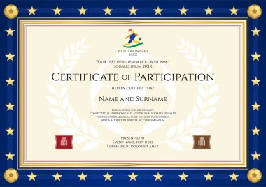 Mavi kenarlıklı futbol maçı için spor tema içinde katılım belgesi