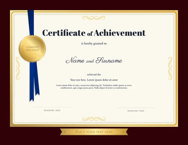 Başarı şablonunun blue ribbon ve altın mühür ile zarif sertifika — Stok Vektör