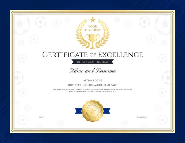 Спортивная тематика сертификация образца совершенства для футбольного матча с золотым трофеем — стоковый вектор