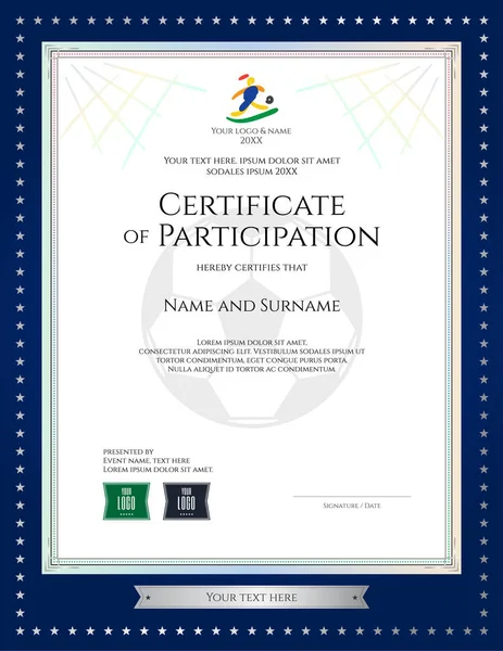 Spor tema sertifika katılım şablonunun futbol için maç altın yıldız mavi kenarlıklı — Stok Vektör
