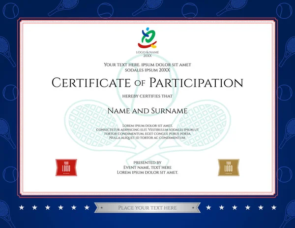 Certificación del tema deportivo de la plantilla de participación para el deporte o el tenis evento — Archivo Imágenes Vectoriales