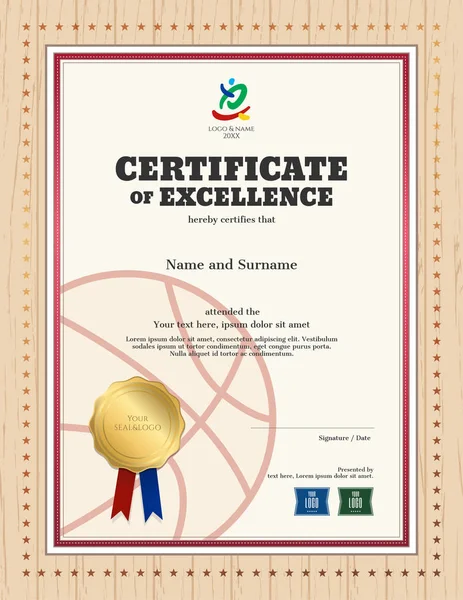 Modelo de certificado de excelência em tema de esporte para competição de basquete com fronteira de madeira — Vetor de Stock