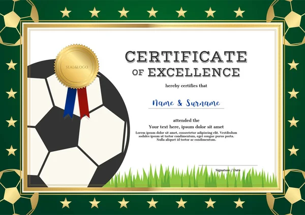 Сертификат о совершенстве в спортивной теме для футбольного матча с зеленой границей — стоковый вектор