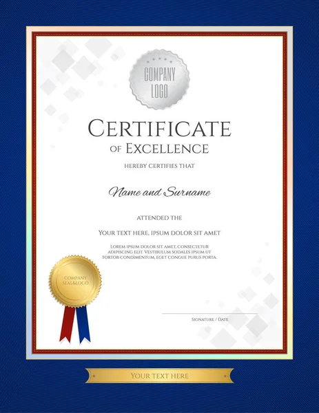 Certificate of excellence template in portrait with blue border and gold ribbon tag — Stock Vector