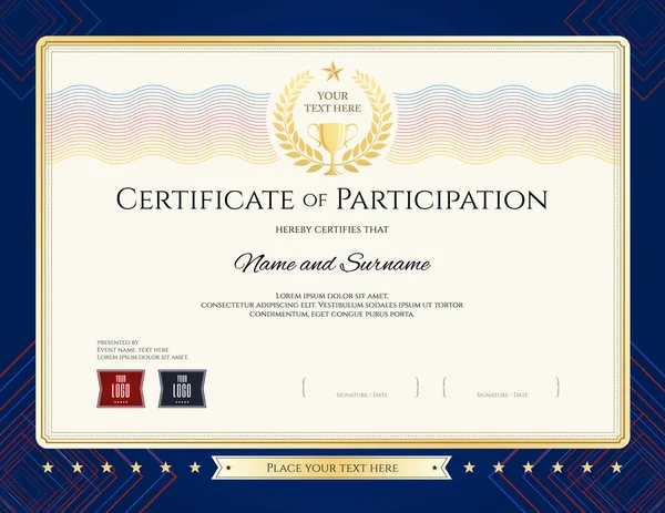 Plantilla de certificado de participación moderna con colorido trofeo de oro marca de agua ola y borde azul — Archivo Imágenes Vectoriales