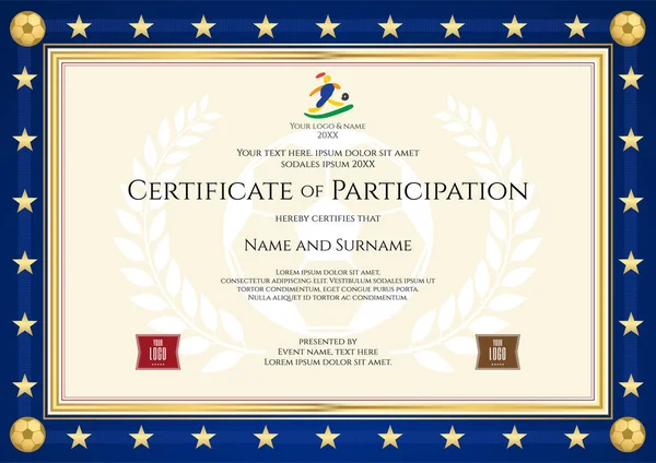 Certificado de participación en el tema deportivo para el partido de fútbol con frontera azul — Vector de stock