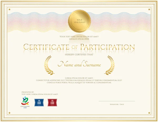 Modèle de certificat de participation avec filigrane vague coloré dans le thème de ton or — Image vectorielle