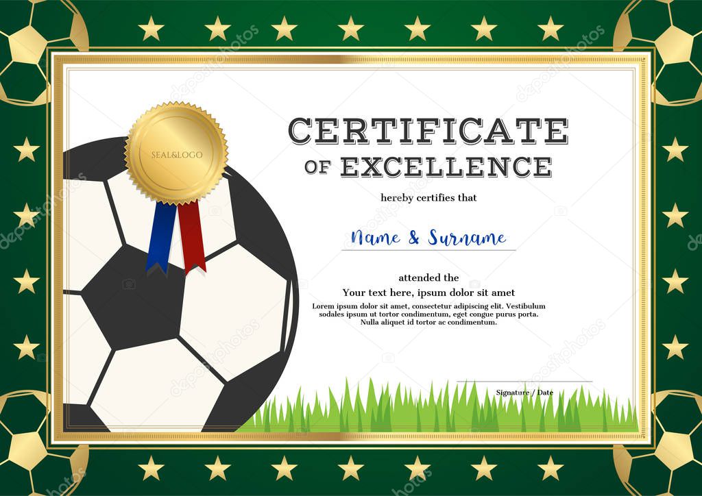 Certificate of excellence template in sport theme for football match with green border