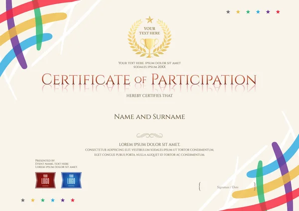 Plantilla de certificado de participación con colorido rincón y trofeo — Archivo Imágenes Vectoriales