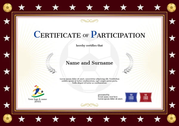 Kahverengi, kırmızı kenarlıkla futbol olay için spor tema şablonunda katılım belgesi