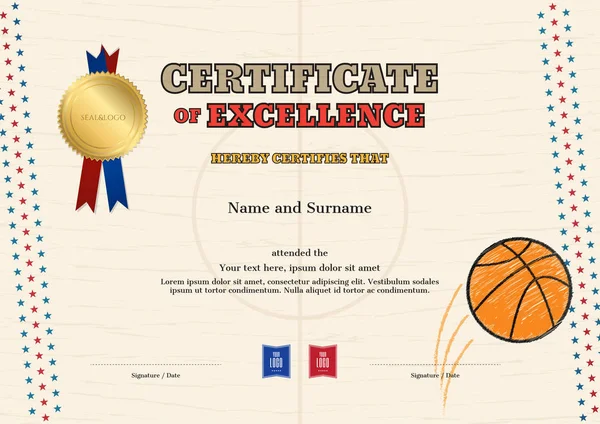 Certificaat van uitmuntendheid sjabloon in sport thema voor basketbal evenement met basketbal Hof overzicht achtergrond — Stockvector