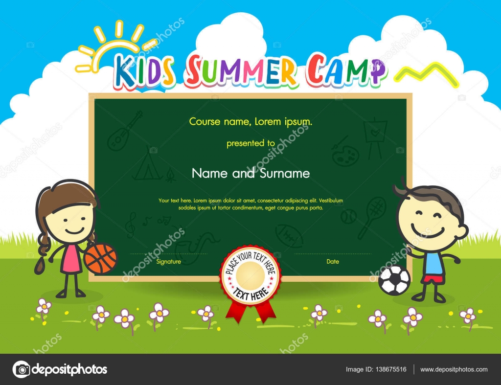 Colorful kids summer camp diploma certificate template in cartoon Pertaining To Summer Camp Certificate Template