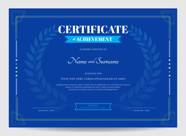 Modelo de certificado de realização com laurel prêmio em fundo azul — Vetor de Stock