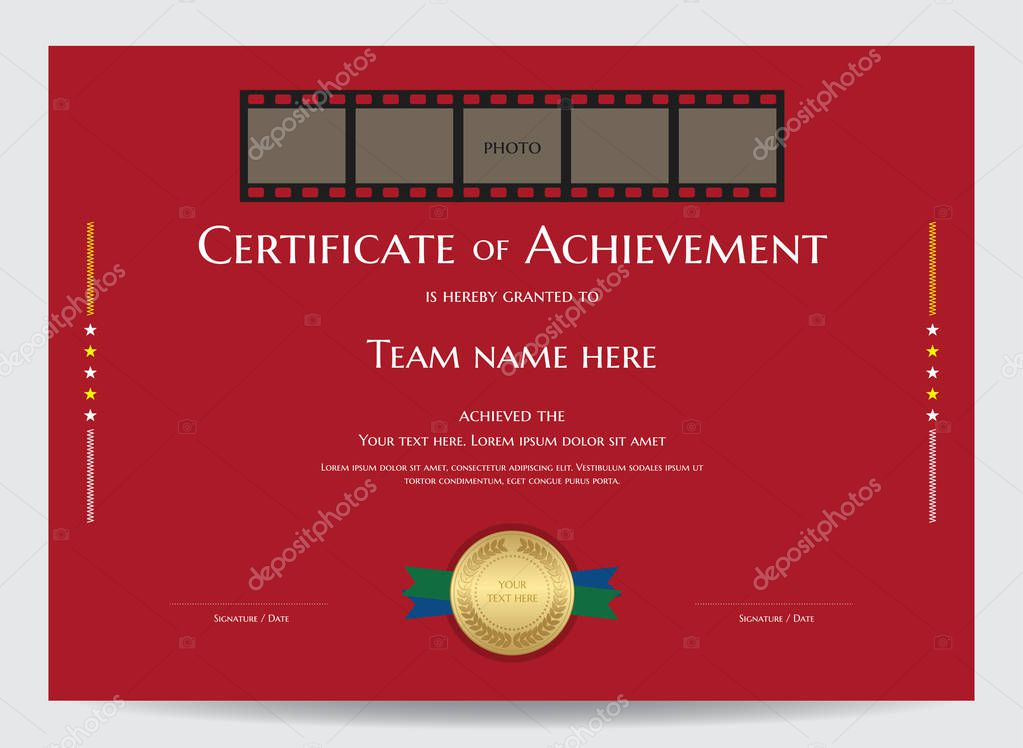 Certificate of achievement template with photo space in movie film frame on red background