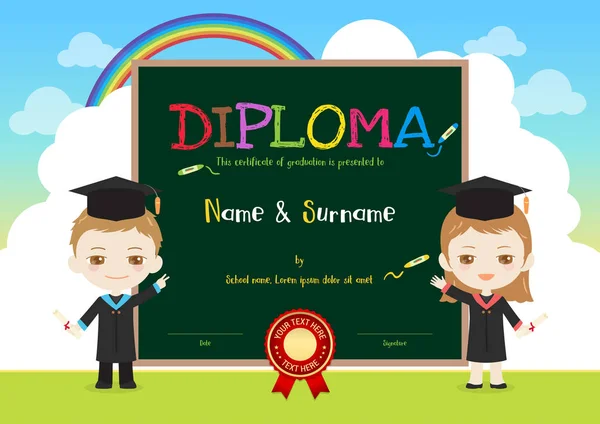 Modèle de certificat de diplôme pour enfants colorés en style dessin animé avec — Image vectorielle