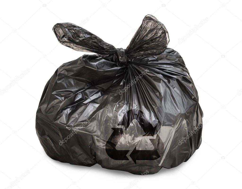Black tied garbage bag with recycle symbol on white