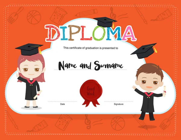 Colorful kids diploma certificate template in cartoon style with boy and girl wearing academic dress and graduation cap — Stock Vector