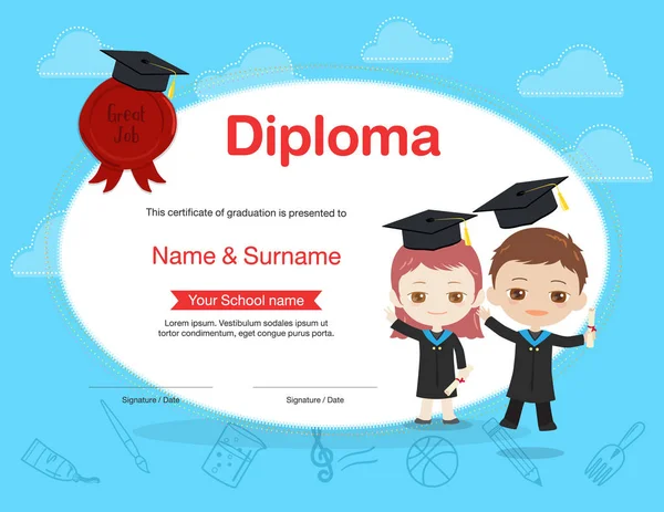 Colorful kids diploma certificate template in cartoon style with boy and girl holding diploma and wearing academic dress and graduation cap — Stock Vector