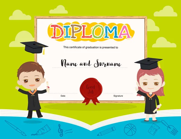 Colorful kids diploma certificate template in cartoon style and book theme with boy and girl holding diploma and wearing academic dress and graduation cap — Stock Vector